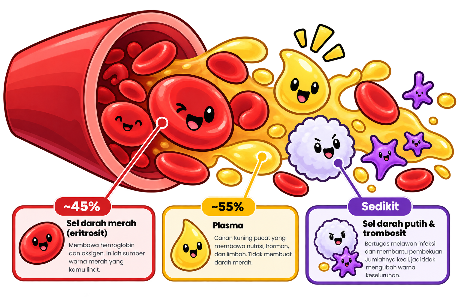 Ilustrasi komposisi darah: sekitar 45% sel darah merah (eritrosit) membawa hemoglobin, sekitar 55% plasma kuning pucat, serta sedikit sel darah putih dan trombosit.