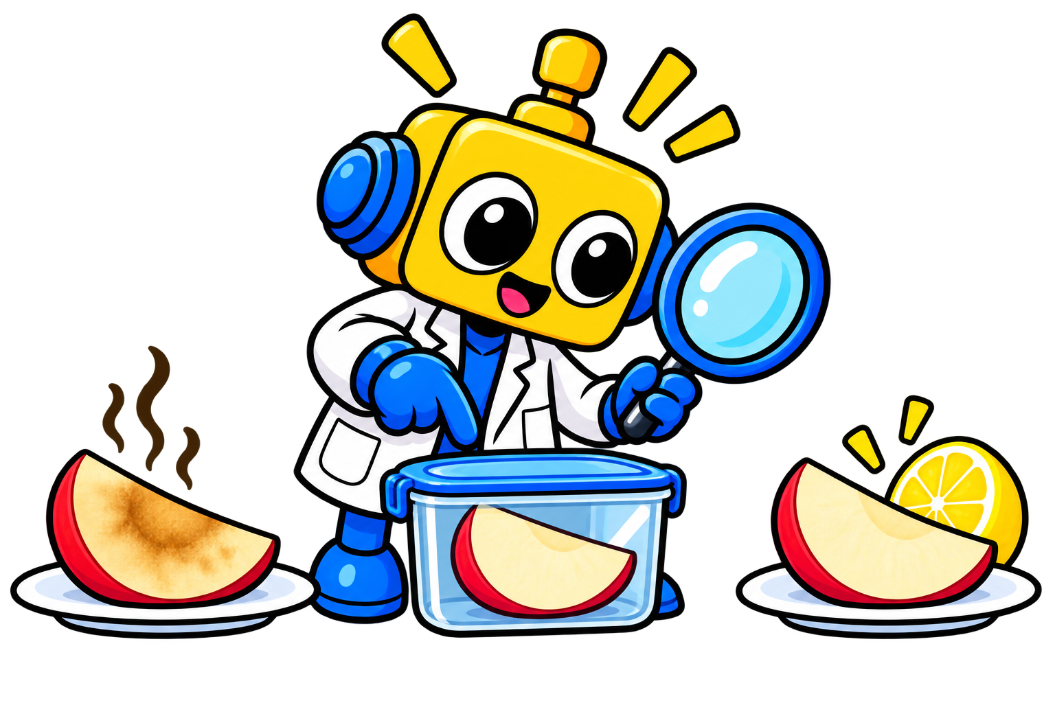 Robot membandingkan irisan apel terbuka dengan apel tertutup, didinginkan, dan diberi sedikit perasan lemon.