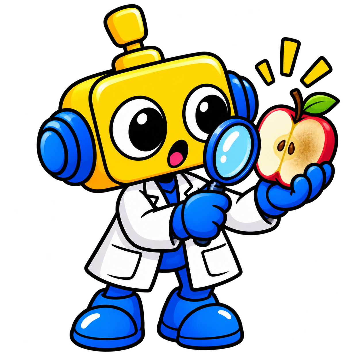 Robot ilmuwan mengamati apel yang baru dipotong; satu sisi irisan mulai berubah kecokelatan.