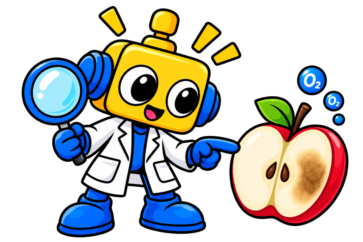 Robot ilmuwan menunjuk irisan apel dengan area cokelat dan kaca pembesar.