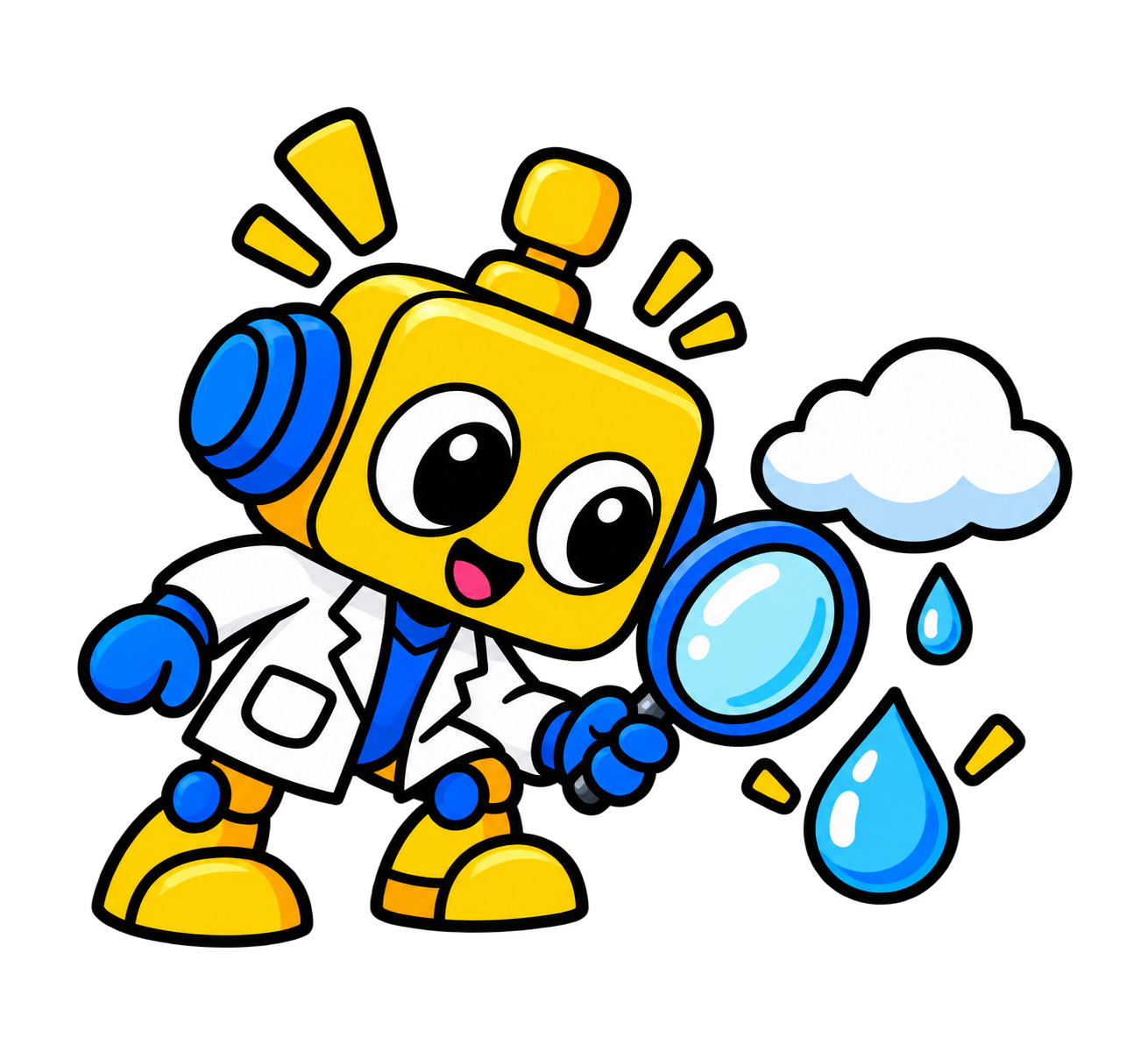 Robot memeriksa awan dan tetesan air kecil dengan kaca pembesar.
