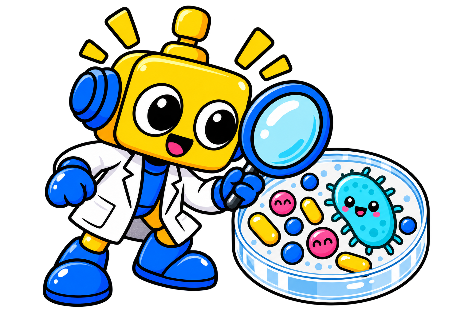 Robot mengamati bakteri ramah melalui kaca pembesar di dalam cawan petri.