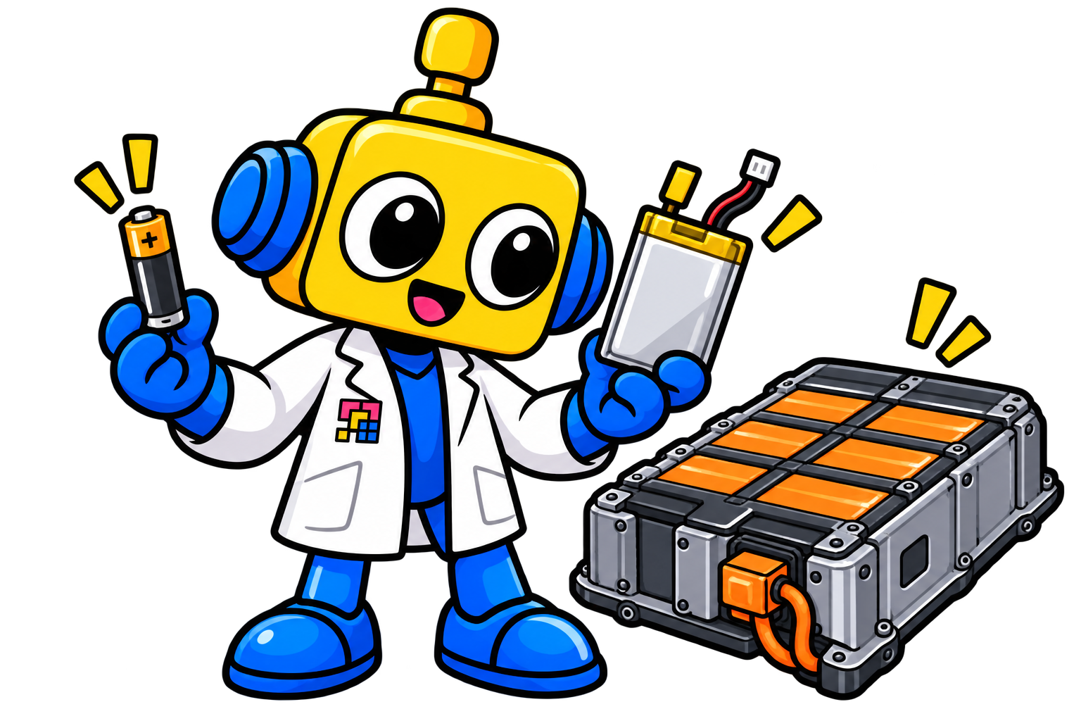 Robot membandingkan baterai kecil sekali pakai, sel lithium-ion isi ulang, dan paket baterai kendaraan listrik.