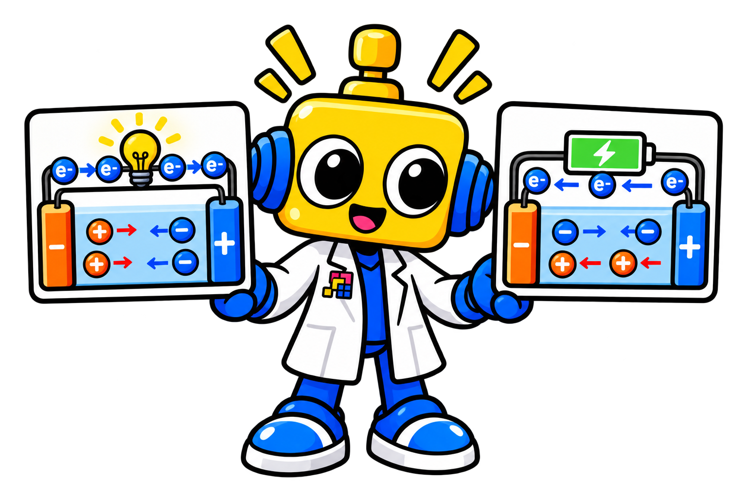 Robot membandingkan aliran ion dan elektron saat baterai digunakan dengan arah aliran saat baterai diisi ulang.
