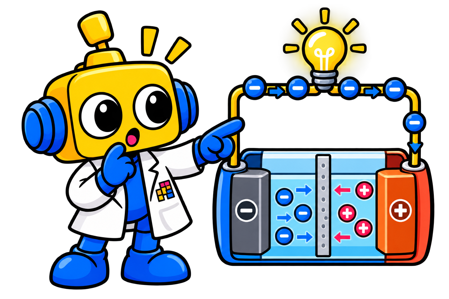 Robot ilmuwan menunjuk baterai dengan jalur ion di dalam dan rangkaian elektron di luar.