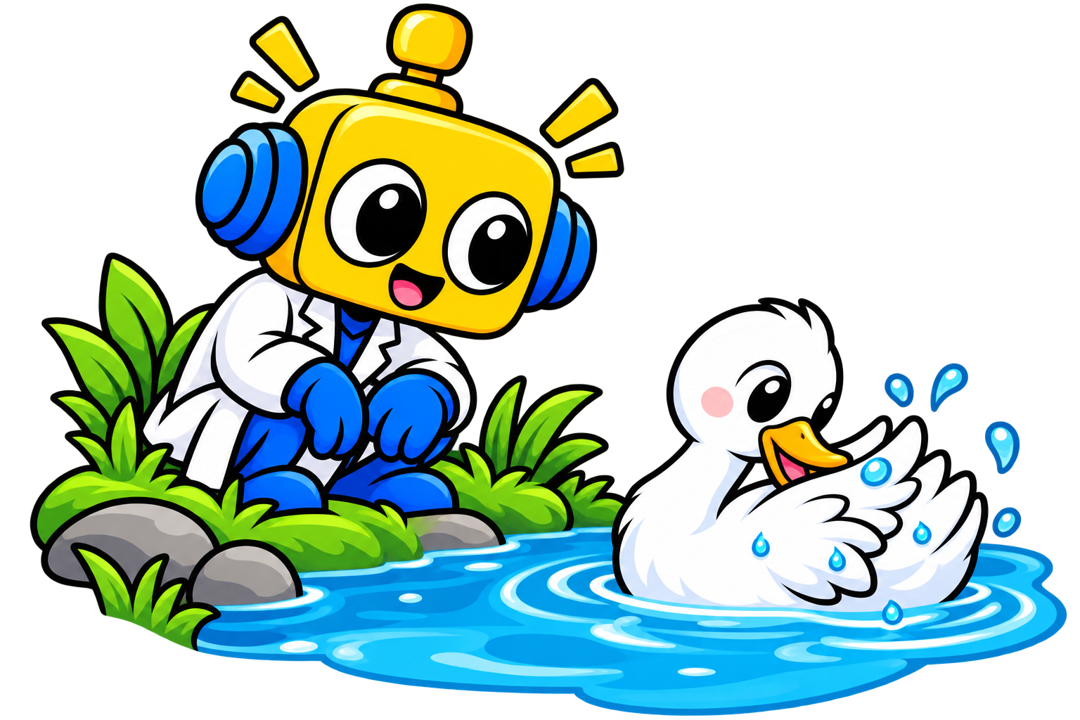 Robot dan bebek saat bebek merapikan bulunya; tetes air tampak di permukaan bulu
