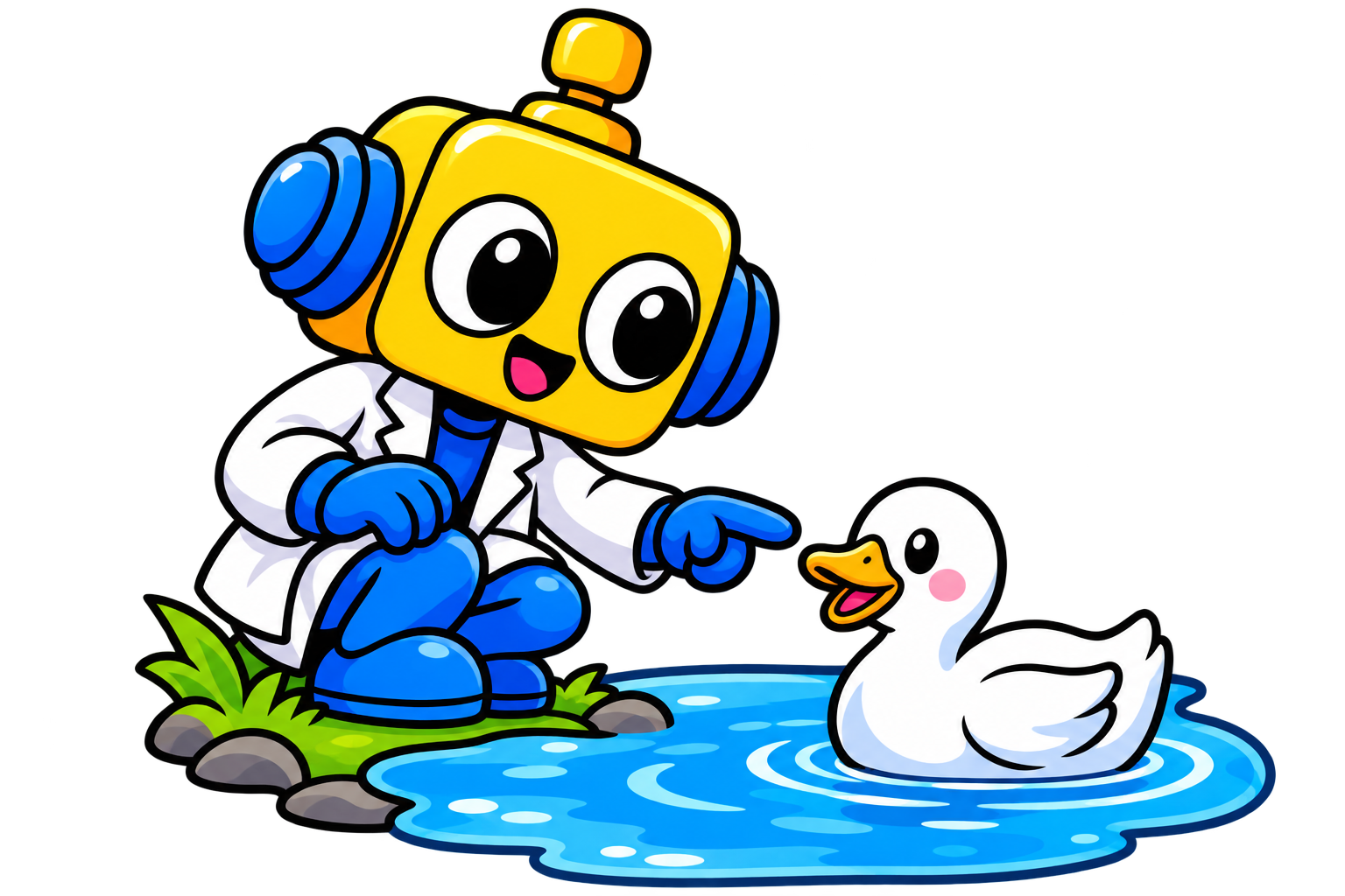 Bebek berenang di air sementara robot mengamatinya dari sisi kolam