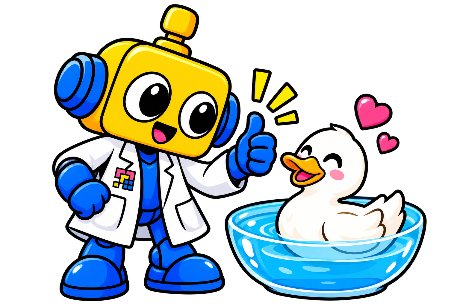 Robot memberi isyarat di samping bebek yang mengambang