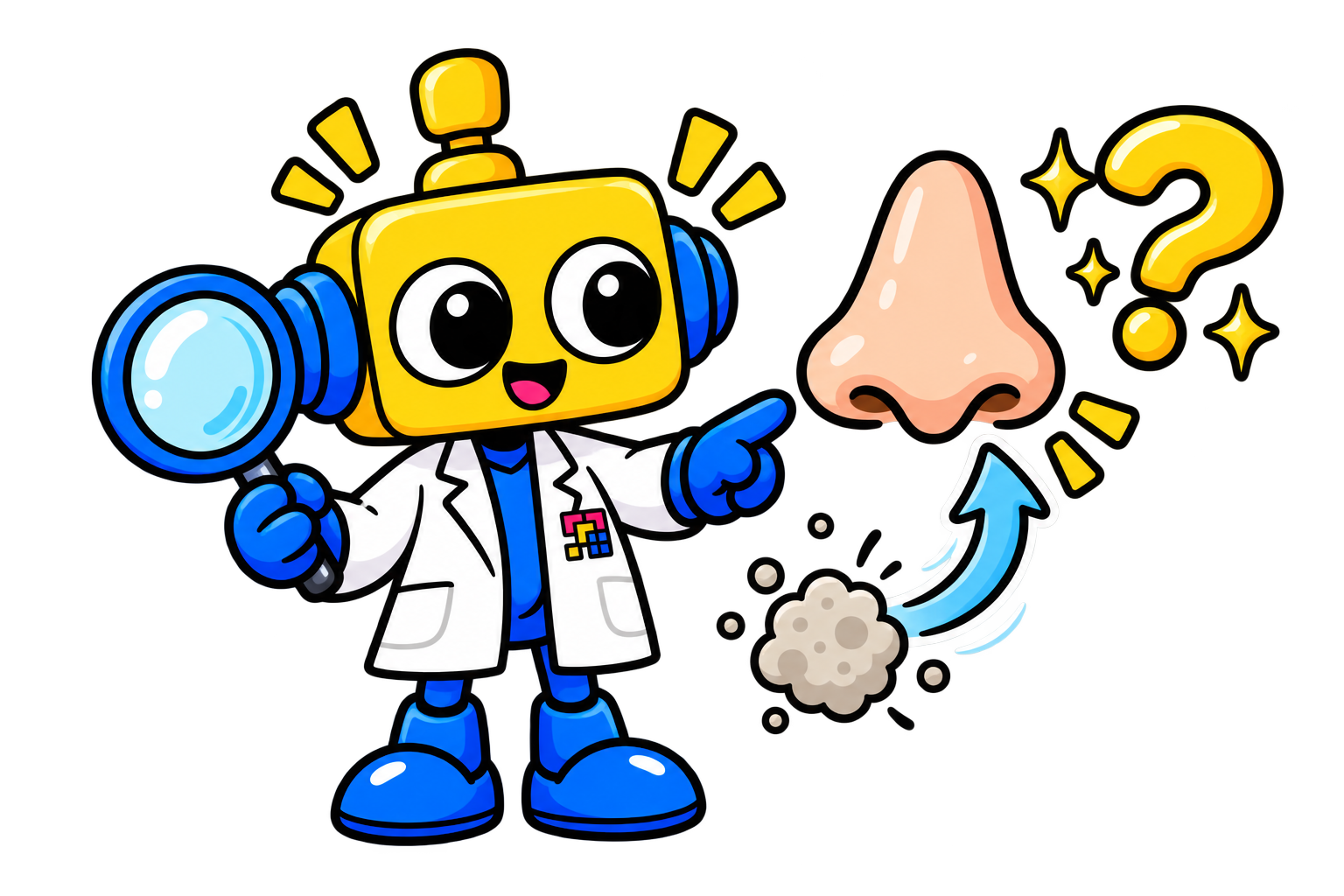 Robot ilmuwan menunjukkan partikel iritan dan arah semburan udara saat bersin.