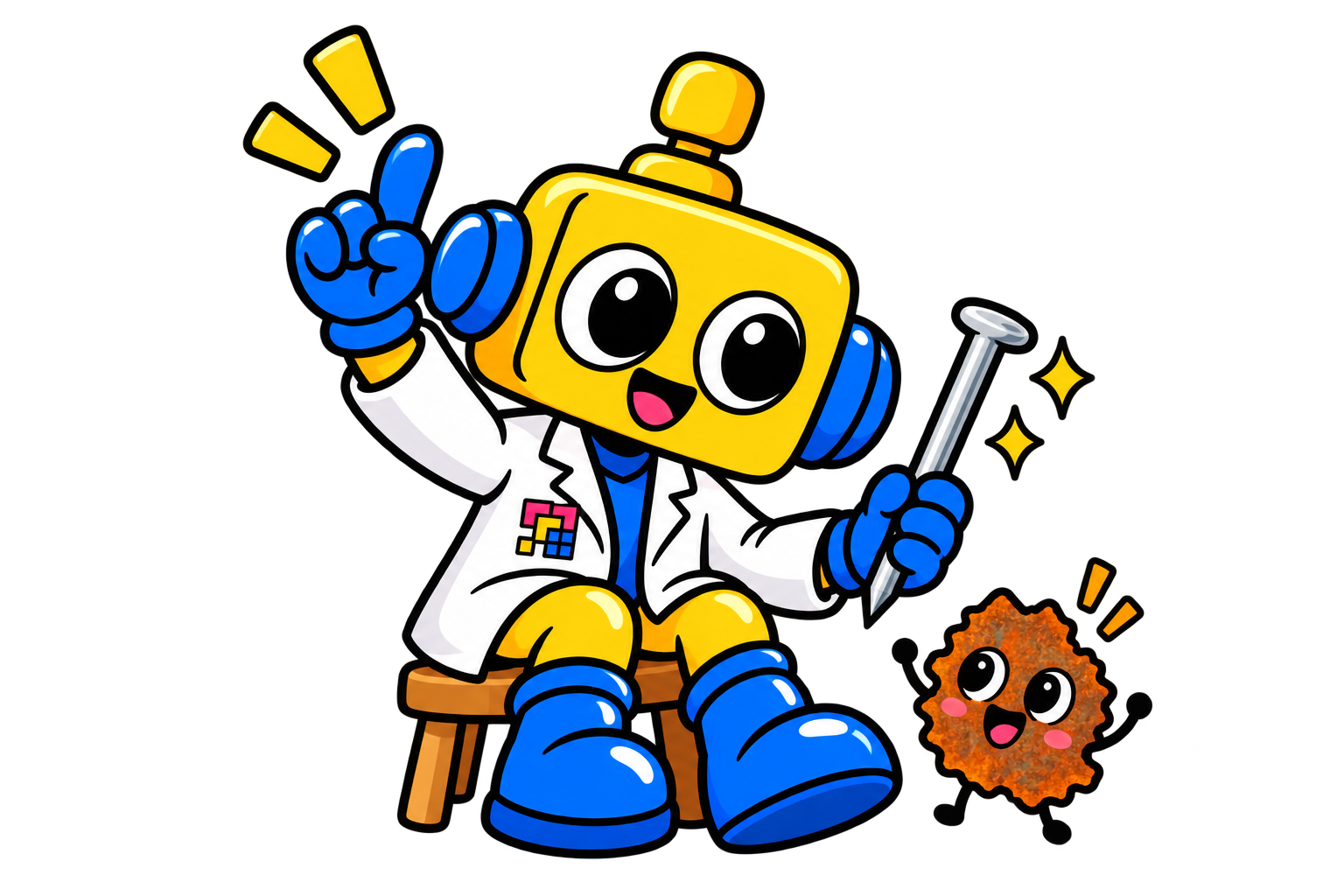 Robot duduk sambil mengangkat tangan dan memegang paku besi untuk menjawab kuis.