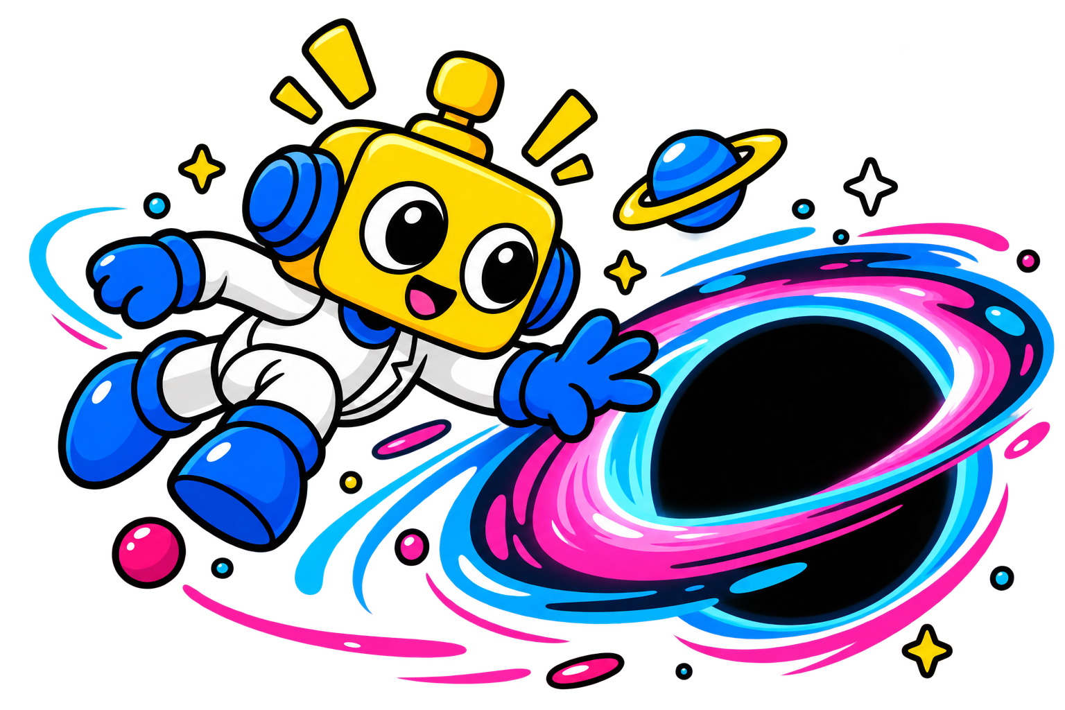 Robot melayang mendekati event horizon black hole dengan piringan cahaya berwarna biru dan magenta.