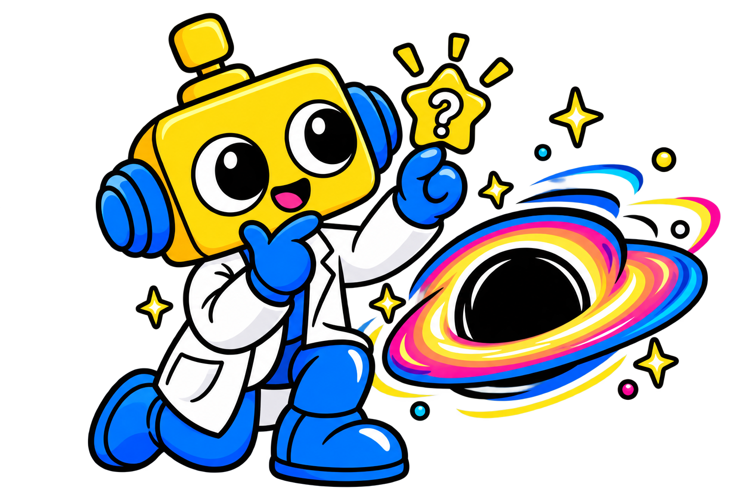 Robot berlutut sambil mengangkat ikon bintang dan berpikir tentang black hole.