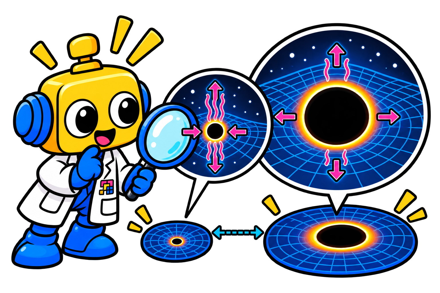 Robot membandingkan black hole kecil dengan gaya pasang surut kuat dan black hole supermasif dengan horizon lebih besar.