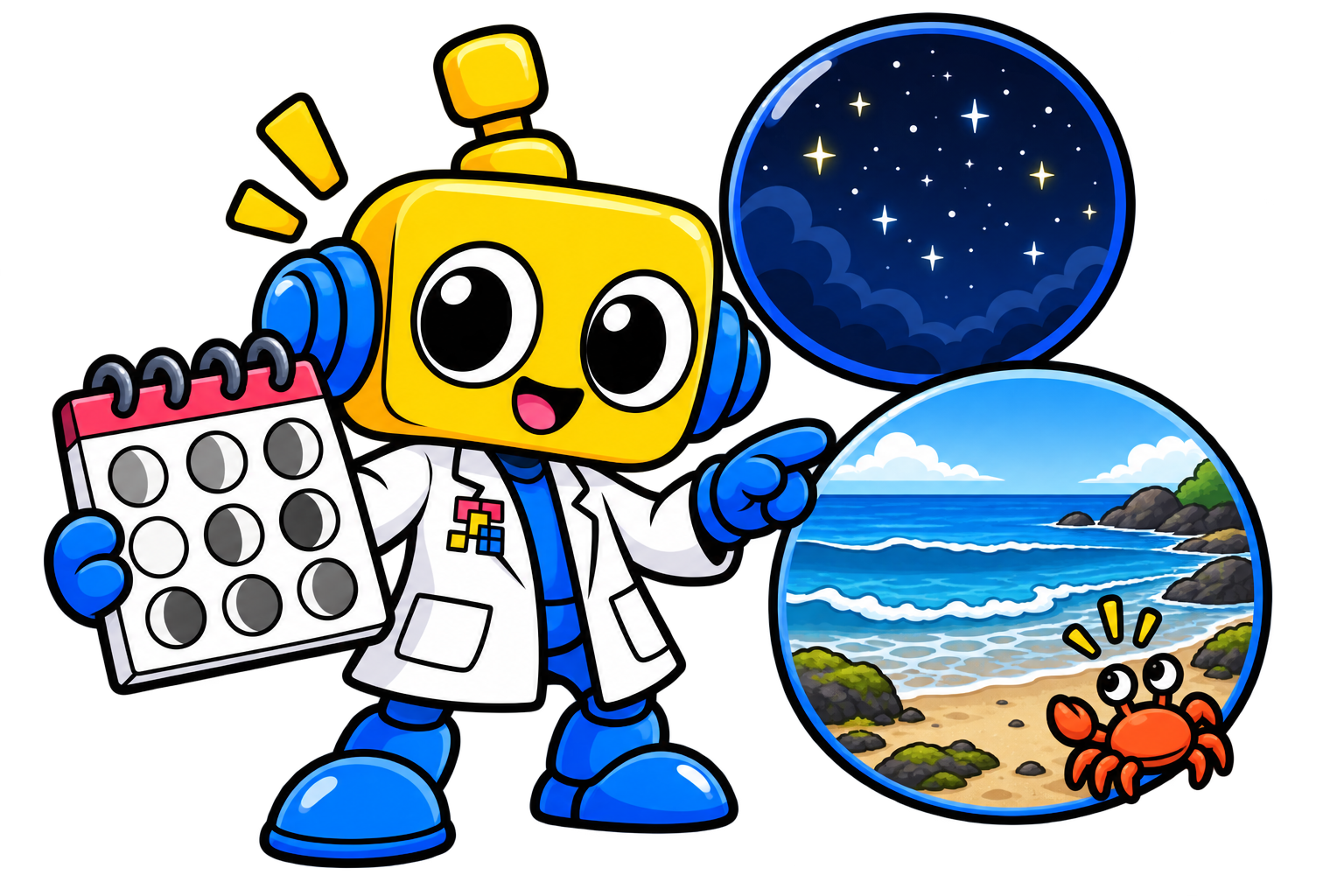 Robot astronom menunjuk malam tanpa Bulan, kalender lunar, dan kehidupan pantai yang mengikuti pasang surut.