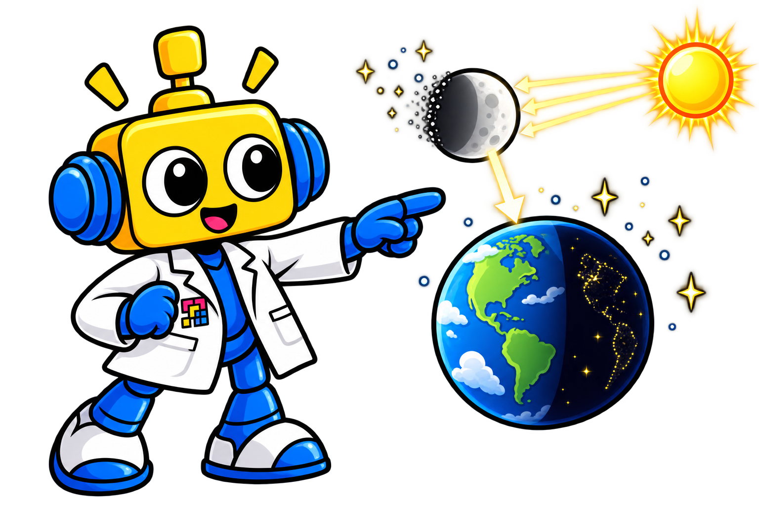 Robot mengurutkan perubahan saat Bulan menghilang: malam kehilangan cahaya, pasang surut berubah, dan dampak jangka panjang pada sumbu Bumi.