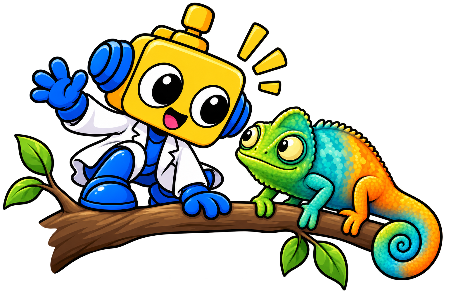 Robot mengamati bunglon dengan warna tubuh hijau, biru, dan jingga di dahan