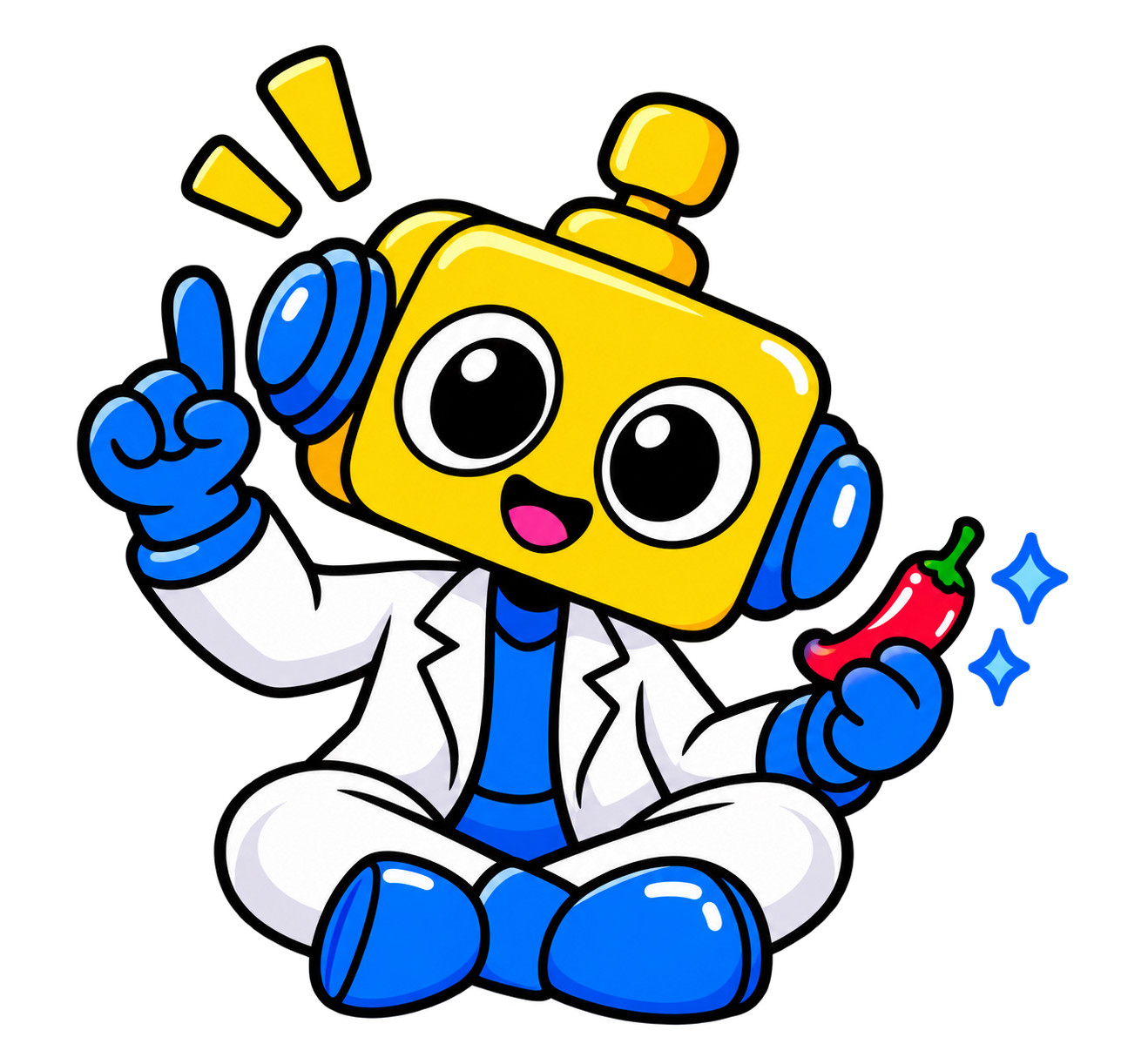 Robot duduk sambil mengangkat tangan dan memegang cabai untuk menjawab kuis.