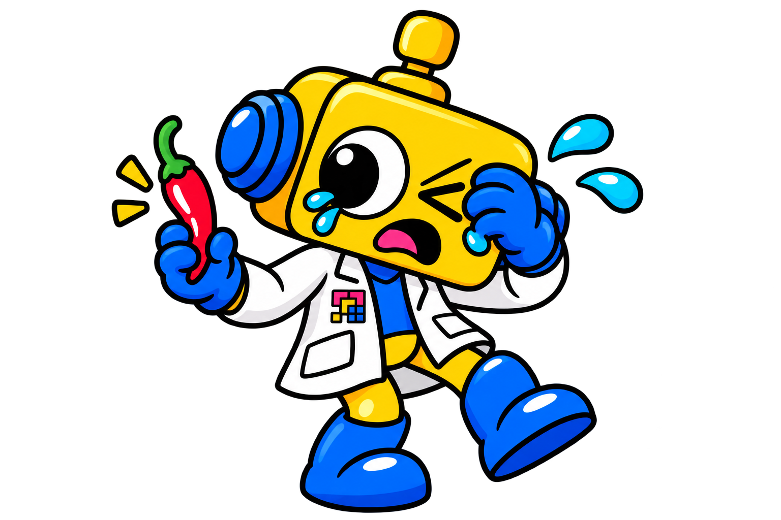 Robot memalingkan muka dan menutupi mata yang berair setelah terkena iritasi cabai.