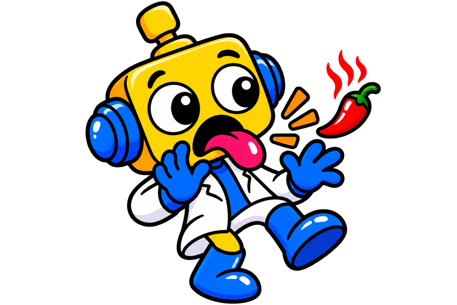 Robot menjulurkan lidah dengan ekspresi terkejut setelah mencicipi cabai.