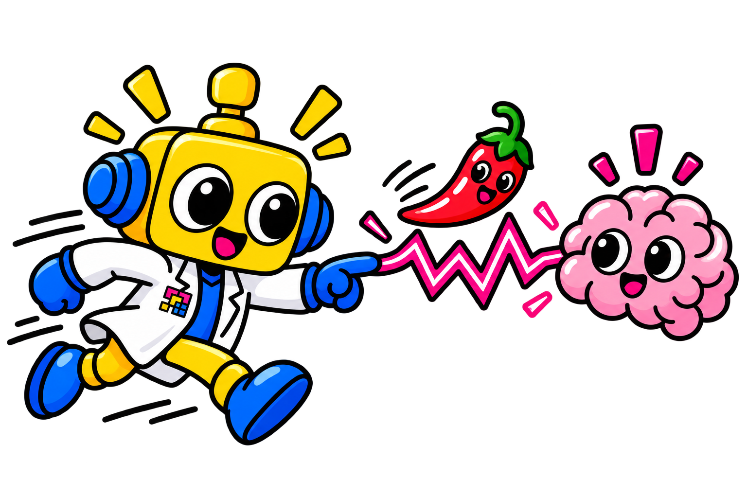 Robot menunjukkan sinyal saraf berwarna merah muda yang bergerak dari cabai menuju ikon otak.
