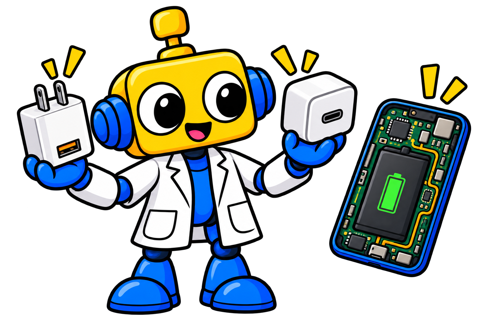 Robot membandingkan adaptor USB-A biasa, charger USB-C dengan Power Delivery, dan rangkaian pengisian di dalam ponsel.