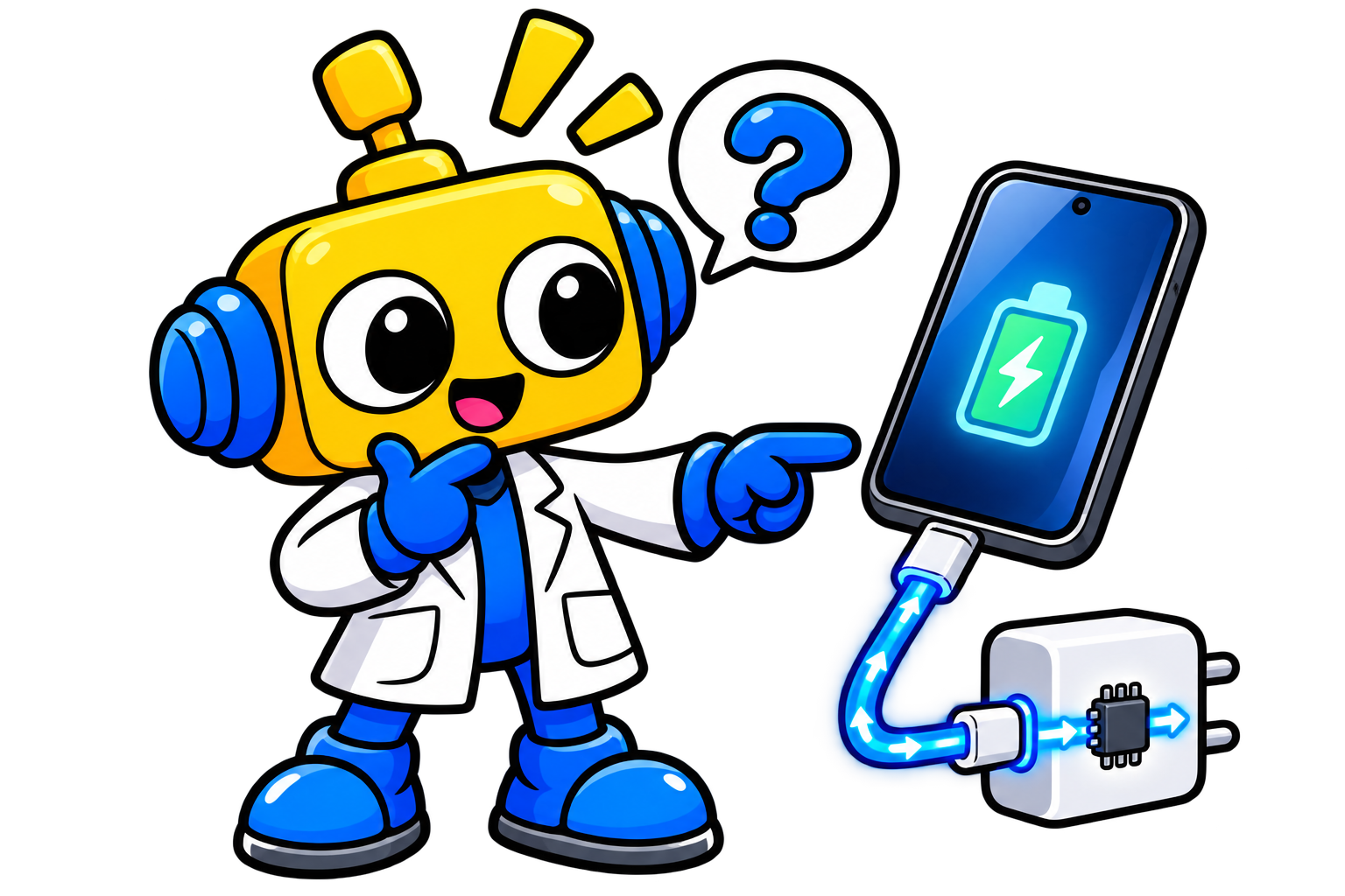 Robot ilmuwan menunjukkan aliran daya dari adaptor USB ke rangkaian pengisian ponsel.