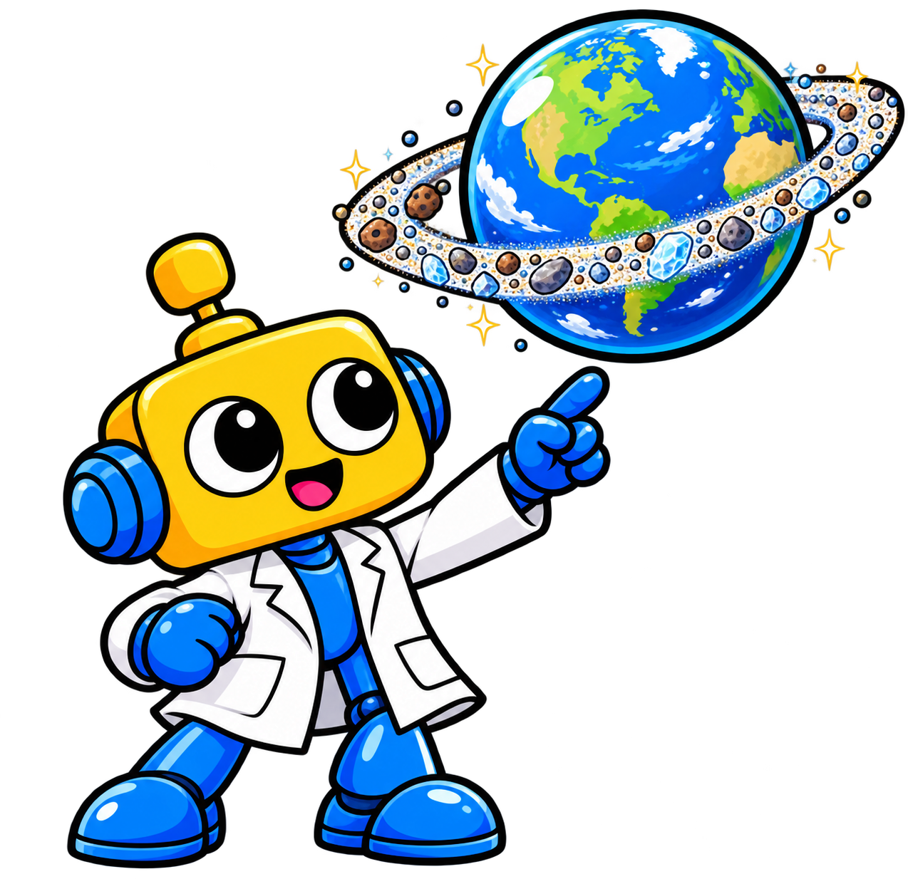 Robot ilmuwan memandang Bumi dengan cincin partikel besar yang melengkung di langit.