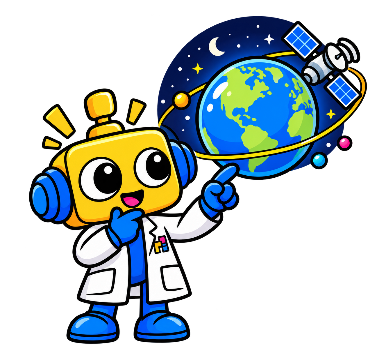 Robot ilmuwan menunjuk Bumi bercincin dan beberapa partikel yang mengorbit.