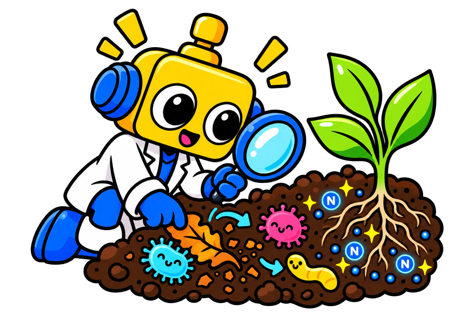 Robot memeriksa bakteri tanah yang menguraikan daun di sekitar akar tanaman.