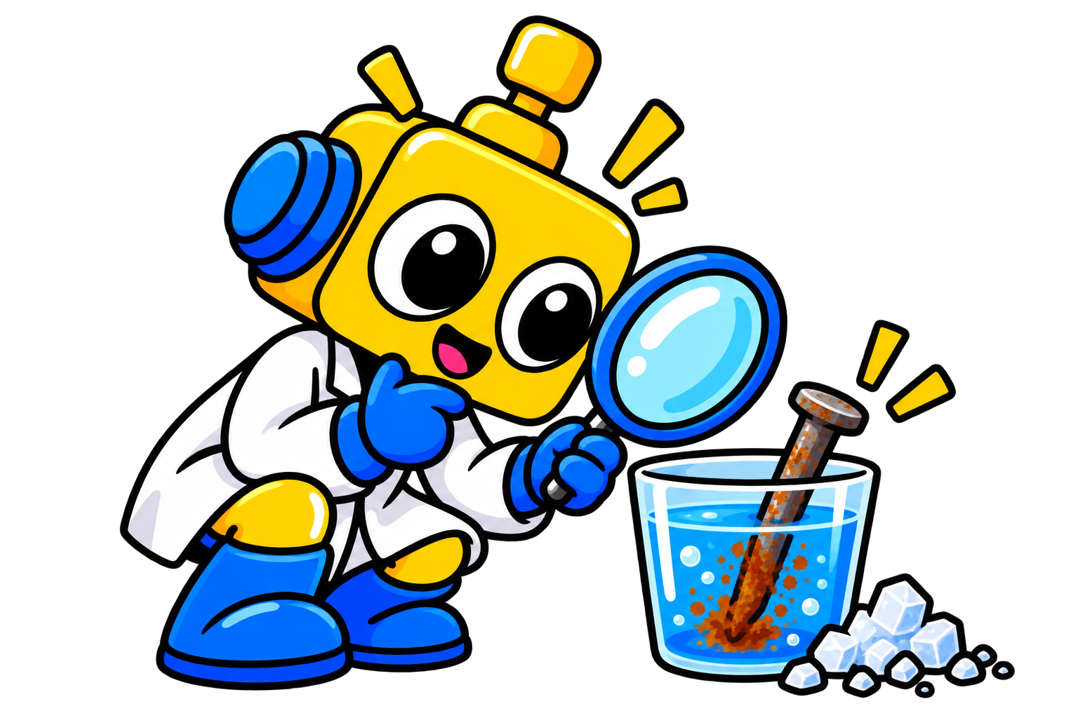 Paku berkarat berada di dalam gelas air garam sementara robot mengamatinya.