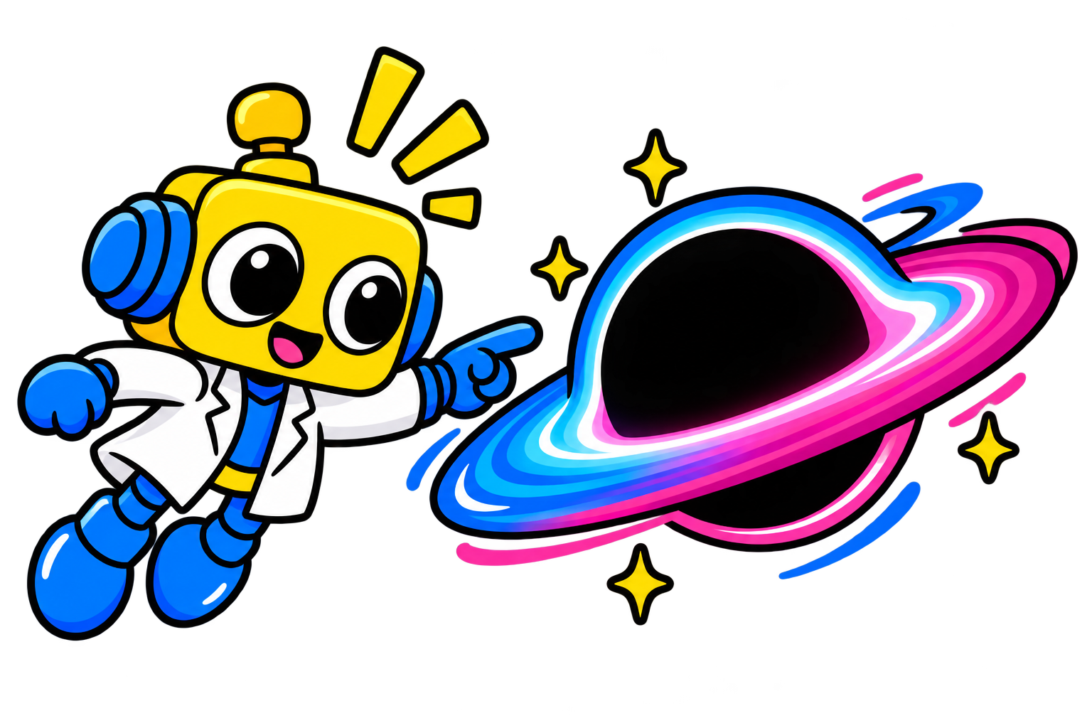 Robot menunjuk batas gelap event horizon yang dikelilingi piringan cahaya.