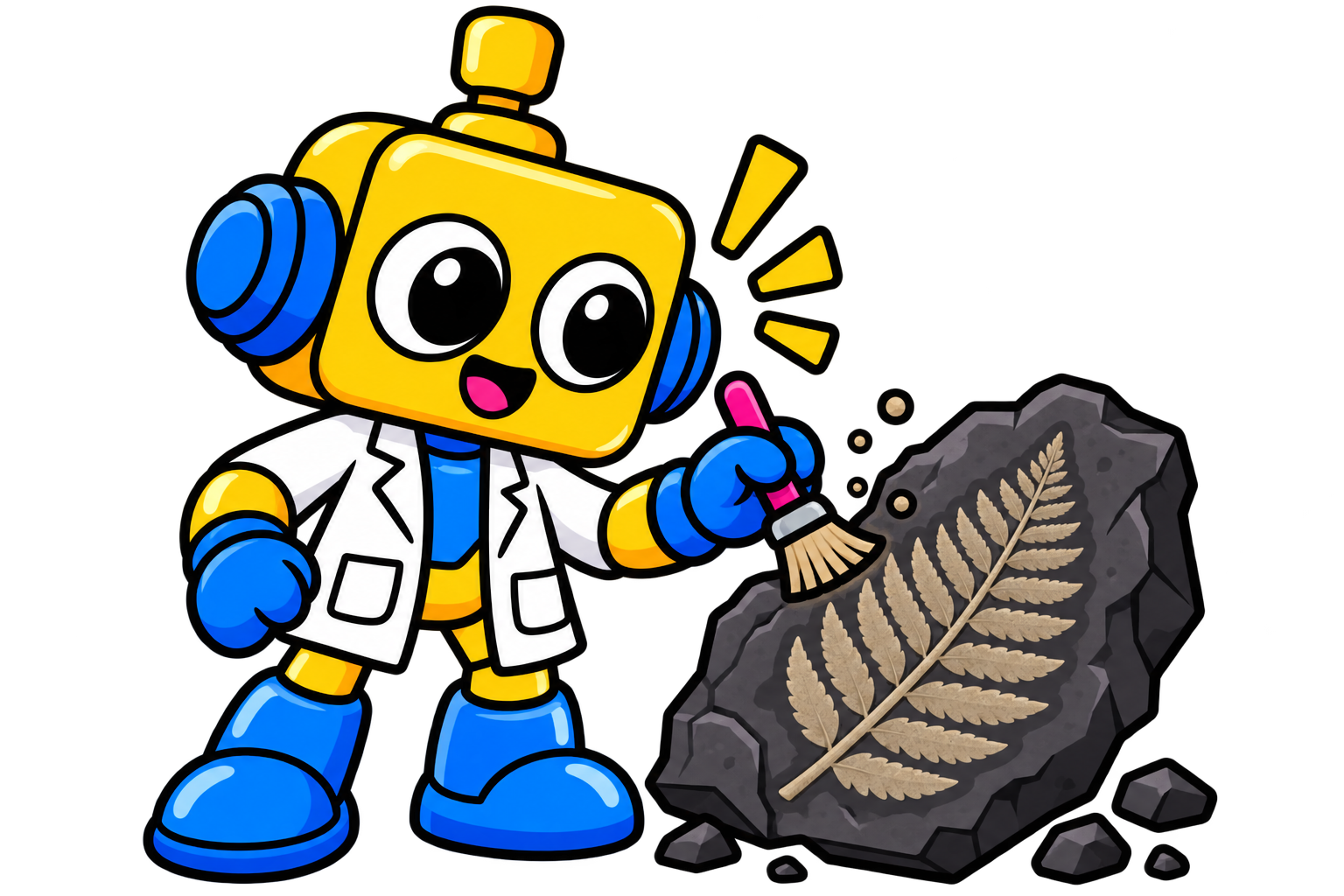 Robot memeriksa impresi daun pakis yang tampak pada lempeng batu.