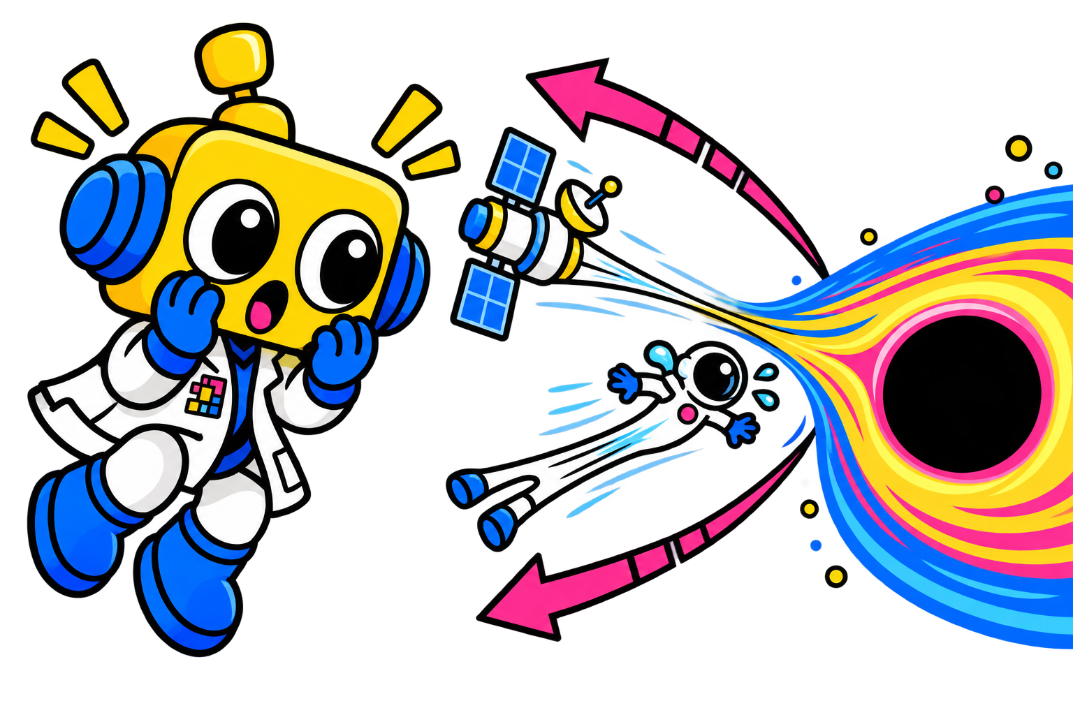 Robot menyaksikan gaya gravitasi meregangkan benda saat mendekati black hole.