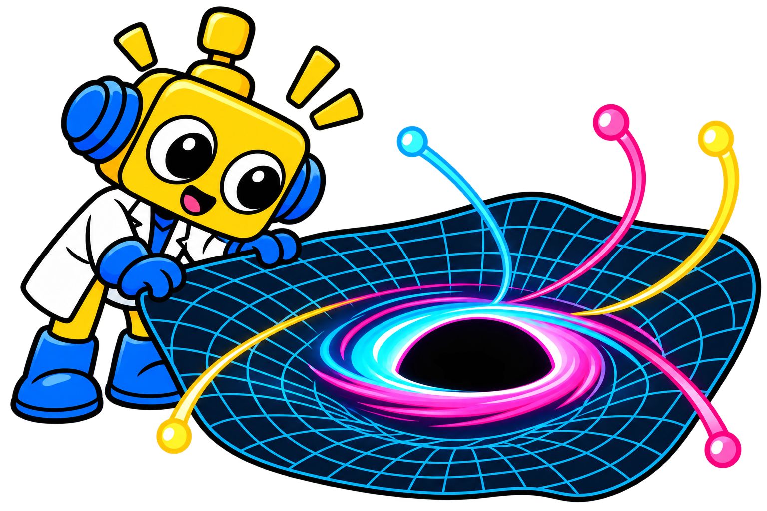 Robot mengamati cahaya yang melengkung di sekitar black hole pada kisi ruang-waktu.