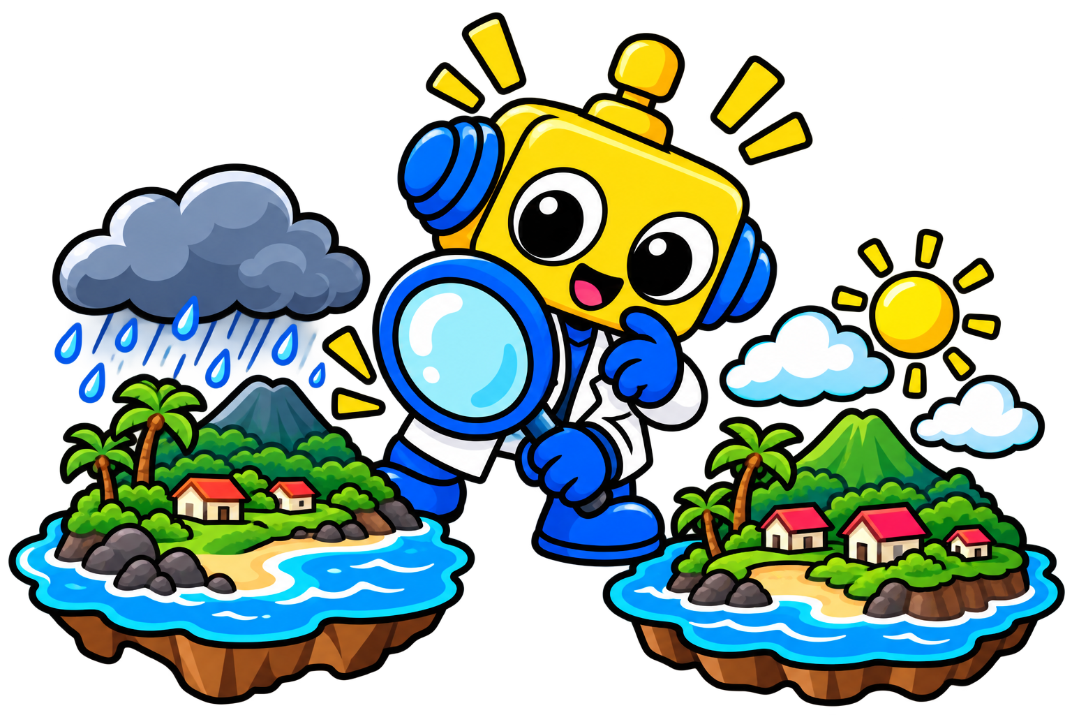 Robot bermain di genangan hujan dengan awan biru dan tetes air.