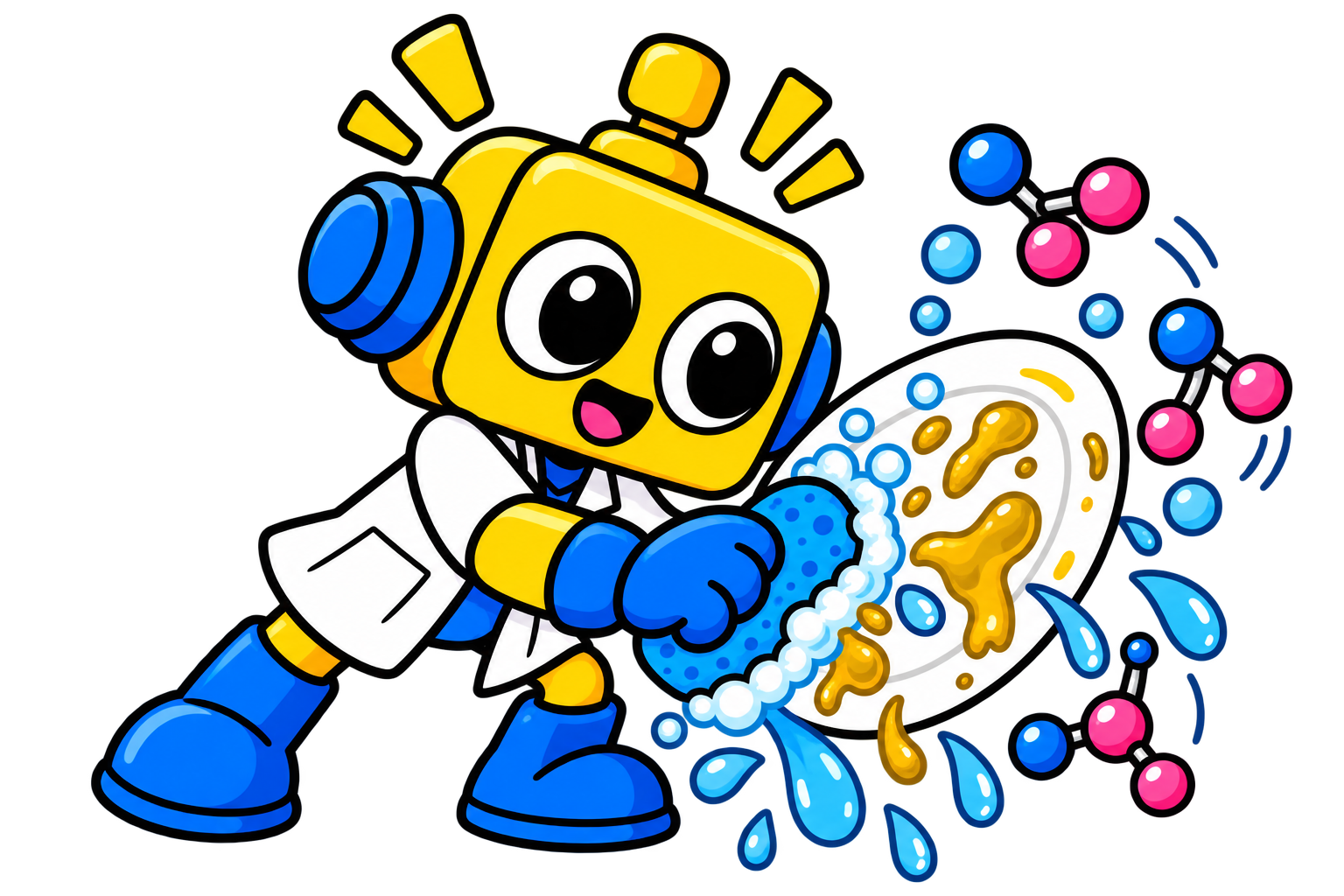 Robot mencuci piring berminyak dengan spons berbusa dan sabun.