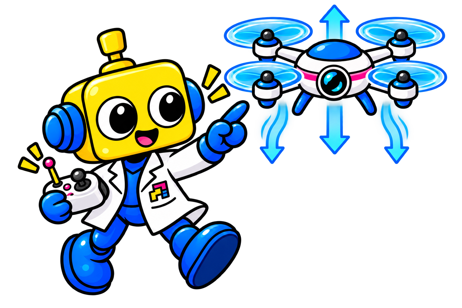 Robot menunjuk drone quadcopter yang melayang dengan udara terdorong ke bawah.
