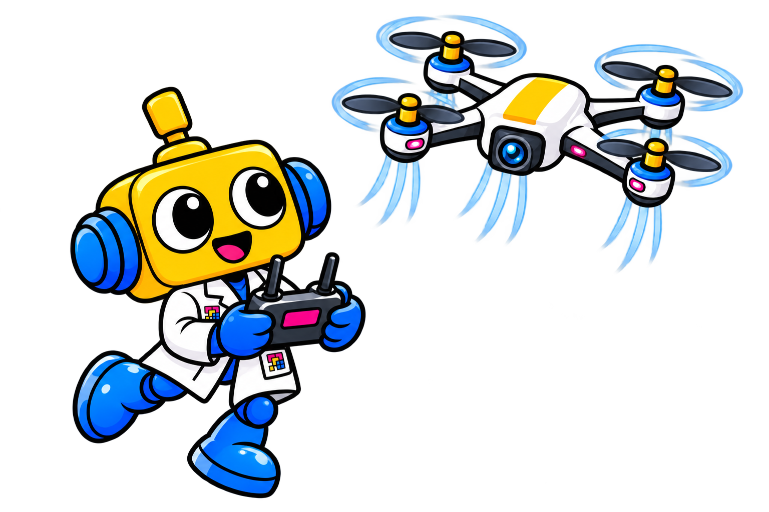 Robot memegang pengendali sambil melihat drone quadcopter empat baling-baling yang melayang.