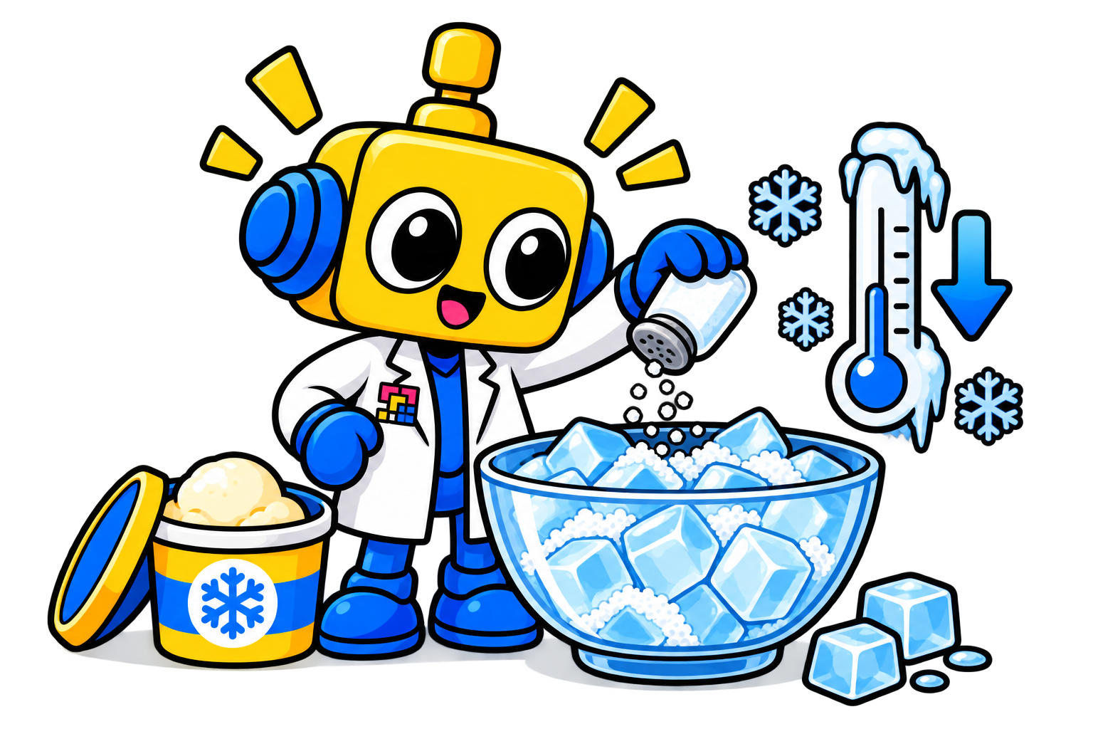 Robot ilmuwan menambahkan garam ke es sambil melihat termometer dan wadah es krim.