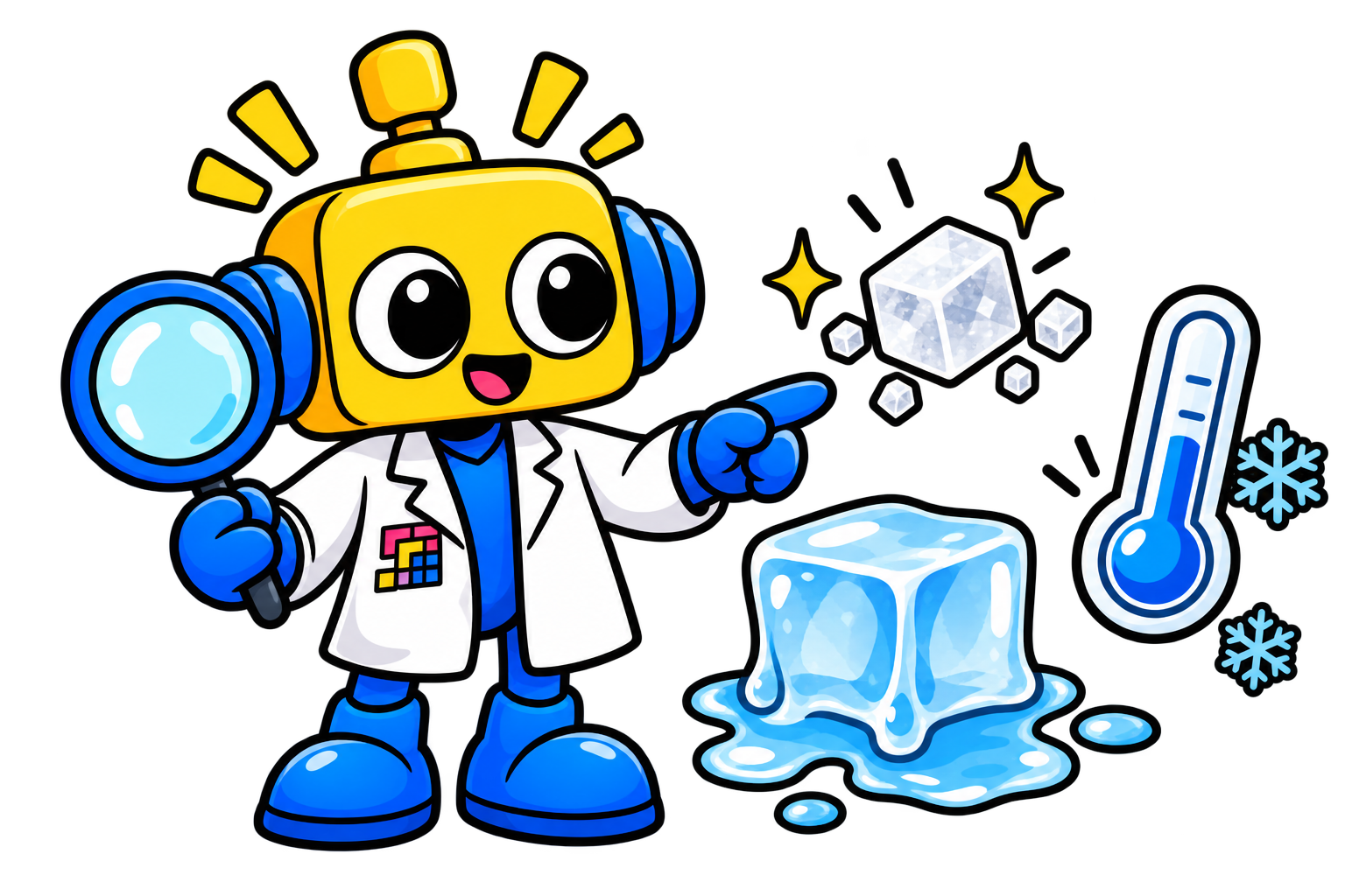 Robot ilmuwan menunjukkan garam, es yang mencair, dan termometer di bawah titik beku air murni.