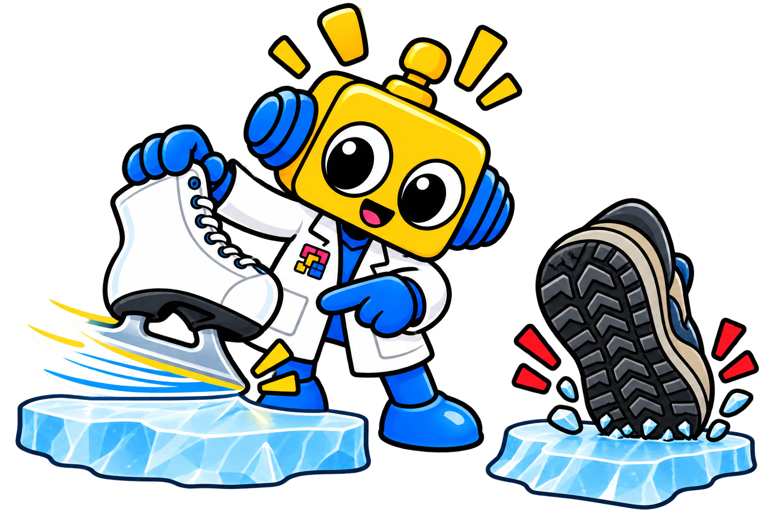 Robot membandingkan bilah sepatu luncur yang meluncur dengan tepi tajam yang menggigit es dan sol sepatu bertekstur.