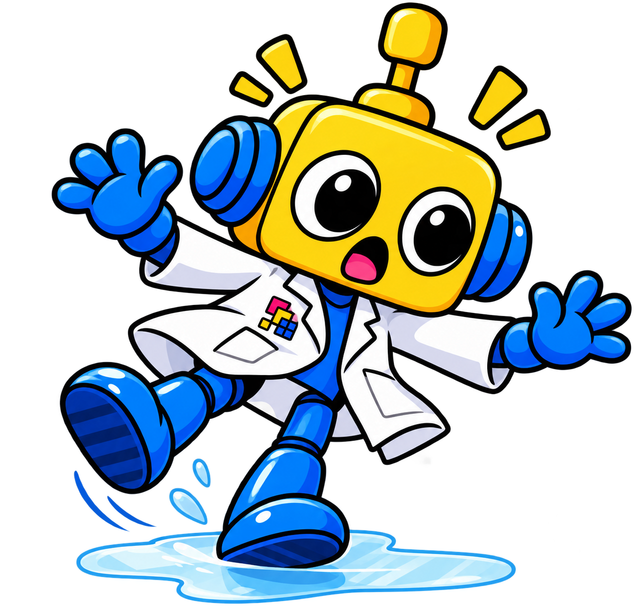 Robot ilmuwan menjaga keseimbangan ketika satu kakinya sedikit meluncur di atas es.