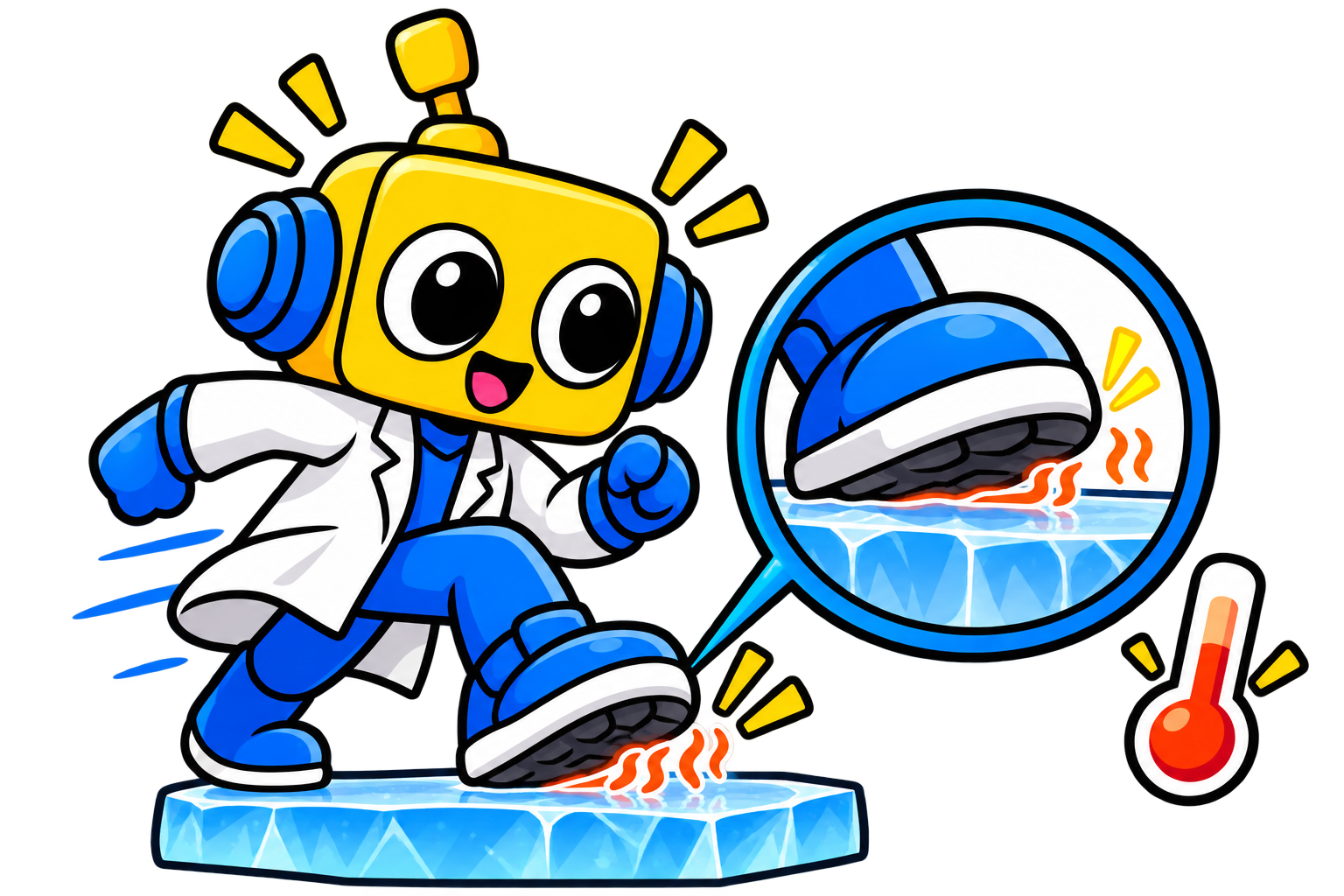 Robot membandingkan kontak diam dan permukaan sepatu yang bergerak di atas es, dengan lapisan permukaan dan panas gesekan.