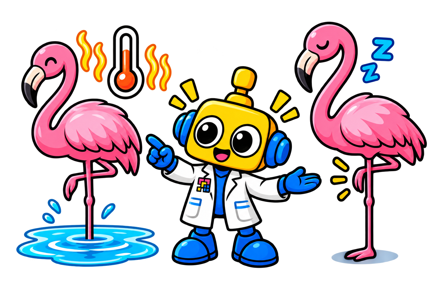 Flamingo bertumpu satu kaki di air dan beristirahat stabil, dengan robot menjelaskan dua kemungkinan manfaat