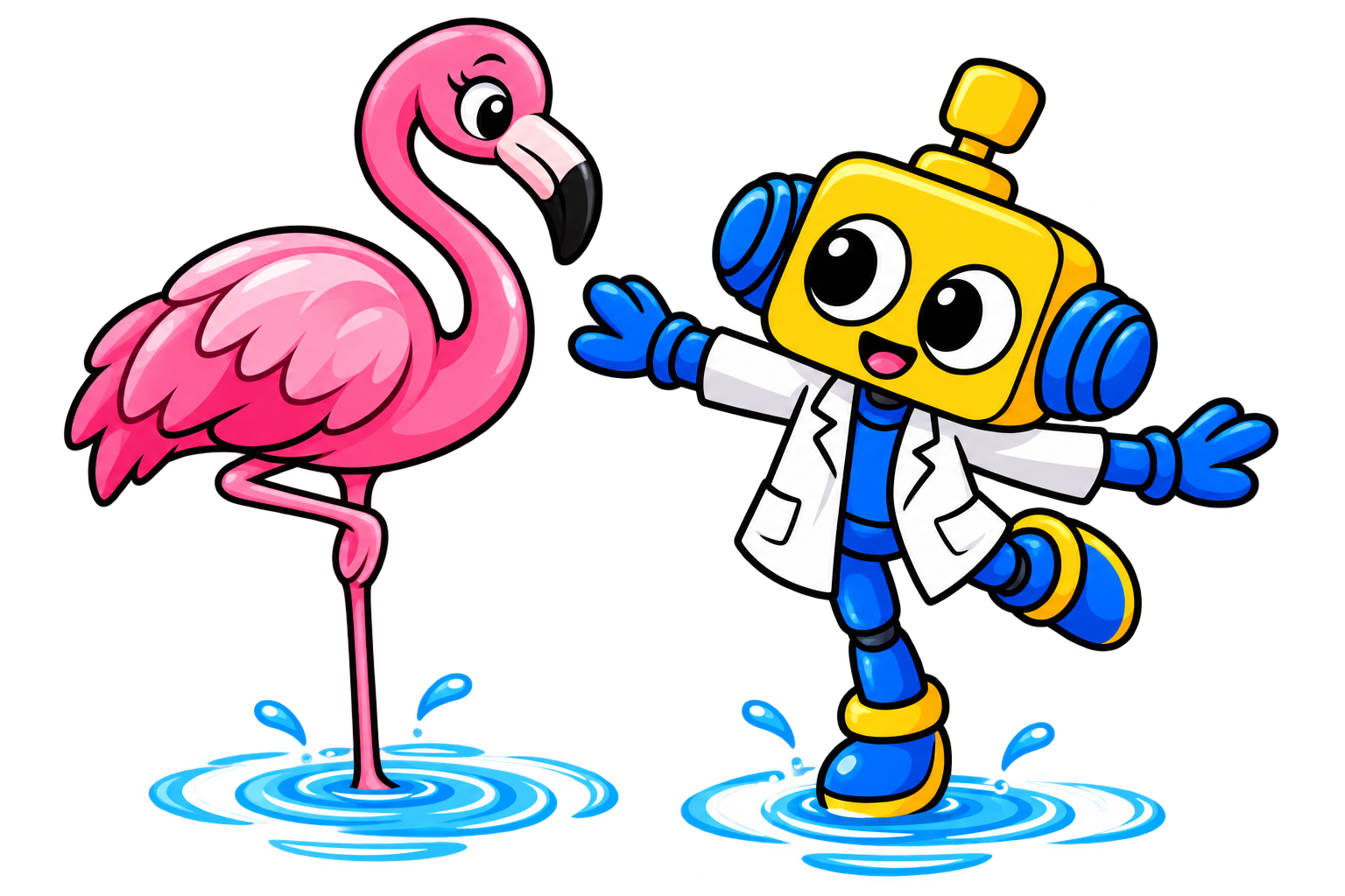 Flamingo berdiri dengan satu kaki sementara robot menirukan posenya di air
