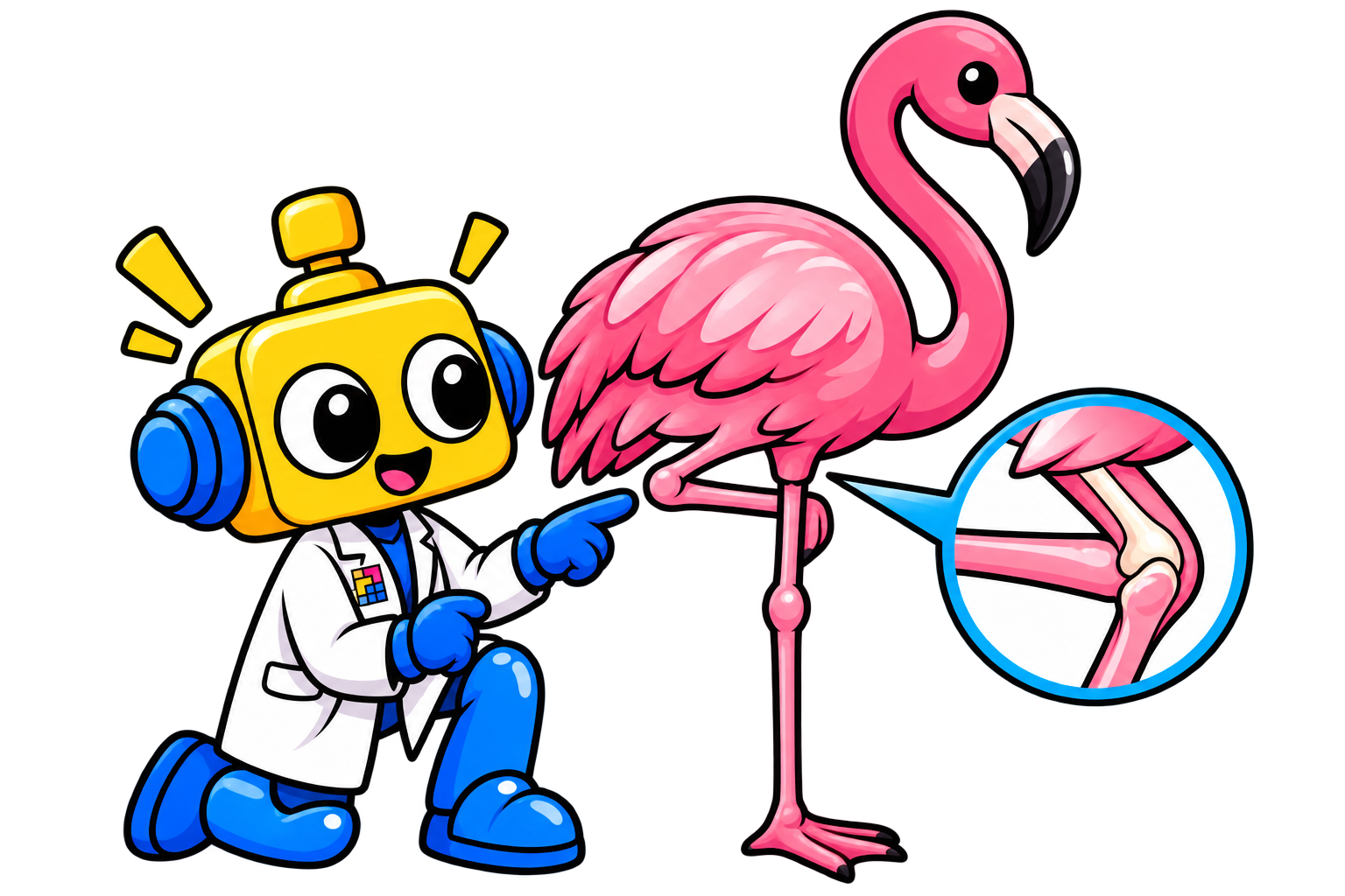 Flamingo menunjukkan kaki yang menekuk dekat tubuh sementara satu kaki menopang badan