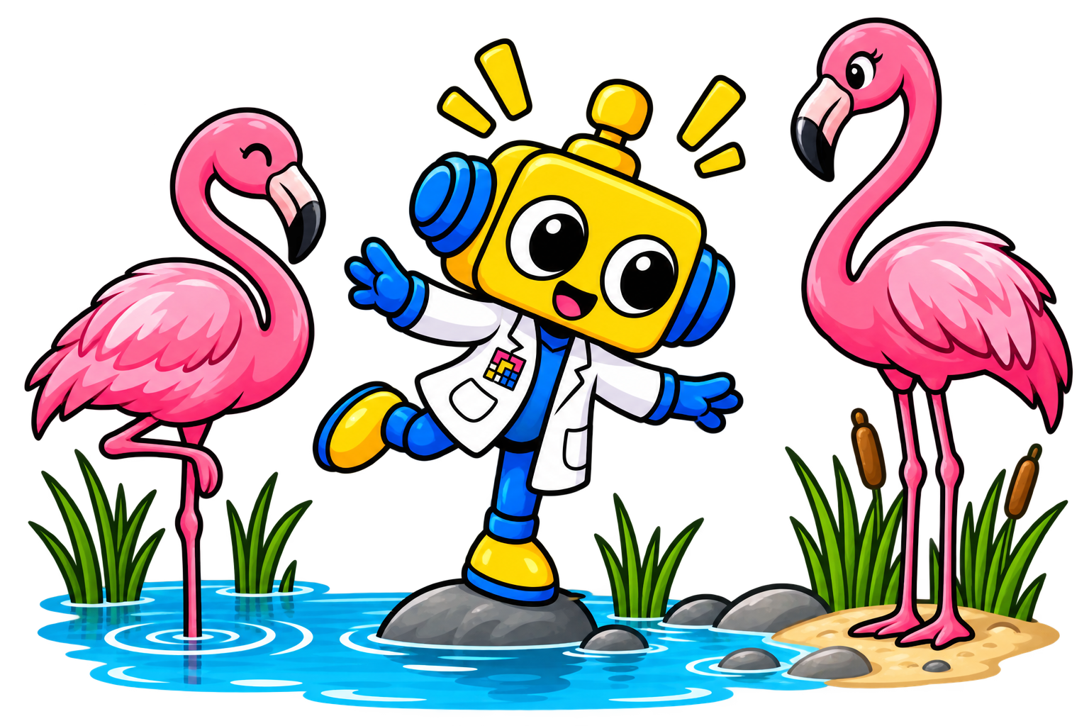 Flamingo berdiri satu kaki di air dan flamingo lain berdiri dengan dua kaki di tepi
