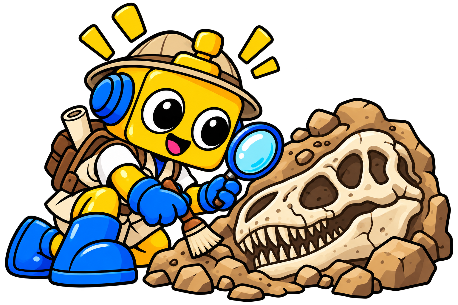 Robot paleontolog memeriksa fosil dinosaurus yang tertanam di batu.