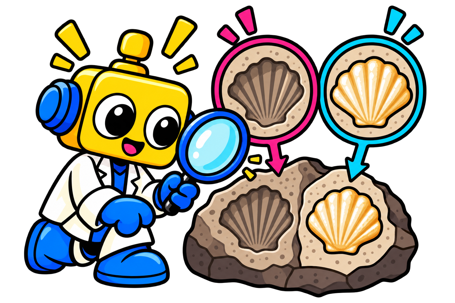 Robot membandingkan cetakan cangkang dan bentuk isi mineralnya di dalam batu.
