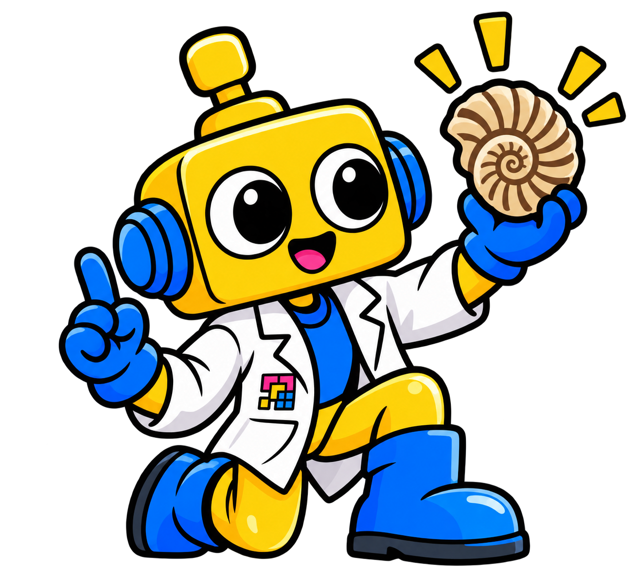 Robot mengangkat sebuah fosil cangkang sambil menunjuk ke atas untuk menjawab kuis.